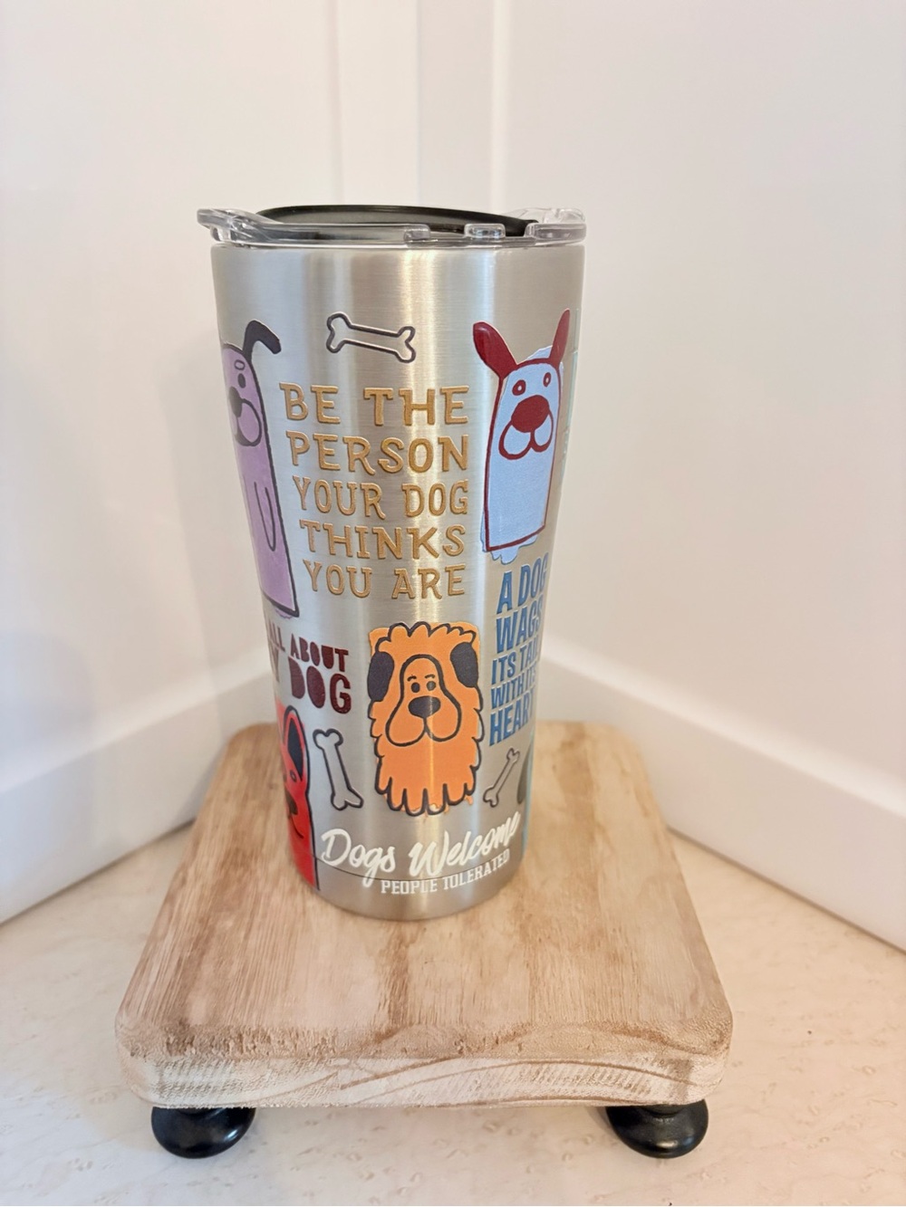Tervis stainless steel tumbler featuring a "Dog Sayings" design.